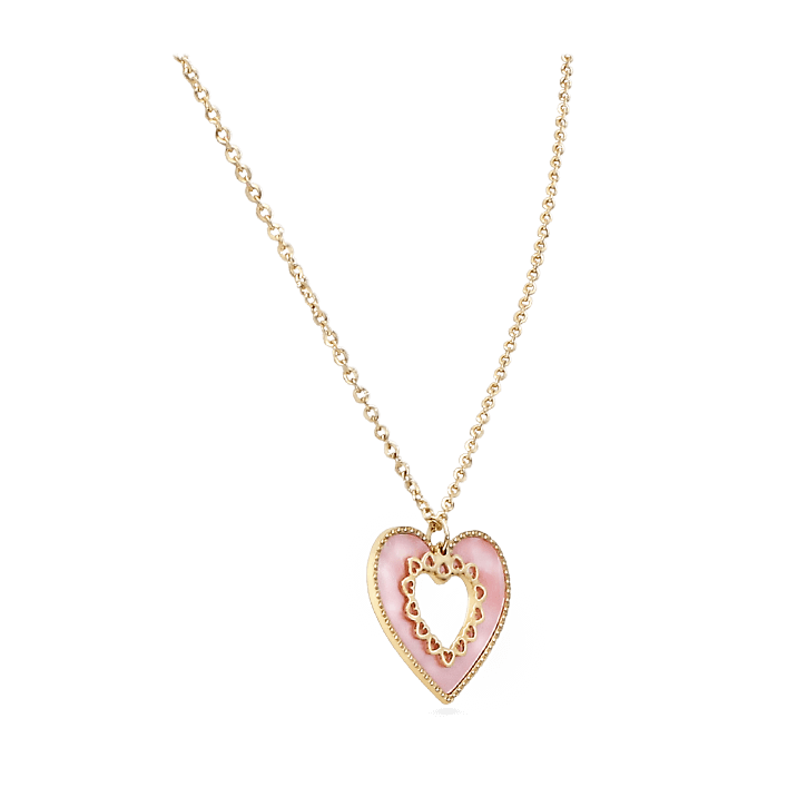 Pink Heart Pendant Necklace, Yellow Gold
