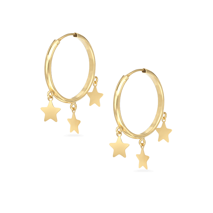 Dangling Stars Hoop Earrings, 18k Yellow Gold